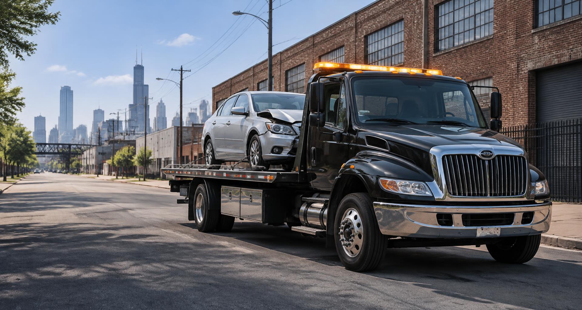 Flatbed tow truck carrying a damaged silver sedan on a Chicago street